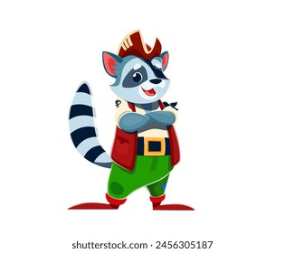 Cartoon raccoon animal boatswain pirate corsair character. Isolated vector cute coon personage with cocked hat and a cunning grin, stand with crossed arms, ready for adventurous woodland escapades