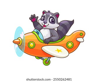 Cartoon raccoon animal kid pilot on plane, baby character flying on vintage airplane. Isolated vector adorable coon cub personage ready to embark on exciting airborne adventures with a friendly smile