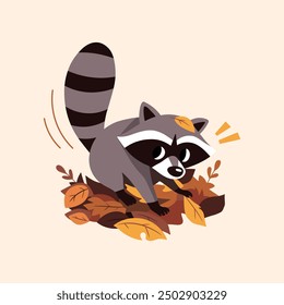 Cartoon Raccoon in autumn leaves. Cute and funny forest wild animal. Zoo concept. Isolated flat children's vector illustration.