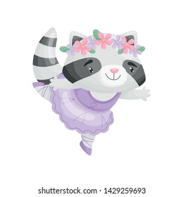 Cartoon raccoon in ballerina dress. Vector illustration on white background.