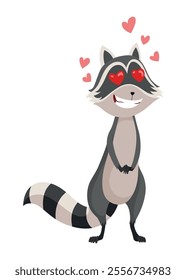 Cartoon raccoon character emotion. Funny wild coon pose, cute mammal. Vector design animal icon isolated on white background