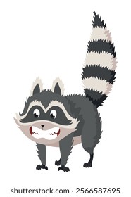 Cartoon raccoon character emotion. Funny wild coon pose, cute mammal. Vector design animal icon isolated on white background