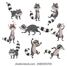 Cartoon raccoon character emotions. Funny wild coon in different poses, cute mammal set. Vector design animals icons isolated on white background