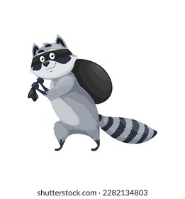 Caricatura de mapache, vector aislado de racoon salvaje bandido animal o ladrón de ladrones negros llevando un saco grande con comida o cosas robadas. Personaje villano de moda para los niños libro o juego