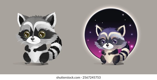 Cartoon raccoon character, isolated vector racoon wild forest animal bandit or thief wear black robber mask carrying big sack with stolen food or things.