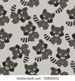 Cartoon raccoon character on gray background. Seamless vector pattern/wallpaper. Fabric design for boys. 