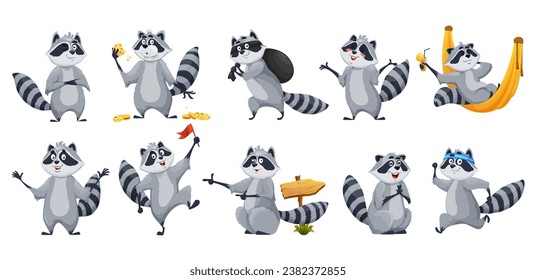 Personajes de mapache. Personajes de racoon racoon de vector animal con rayas blancas y negras divertidas. Raccones sonrientes felices posando, robando comida, comiendo y corriendo, haciendo guiños y bebiendo cóctel