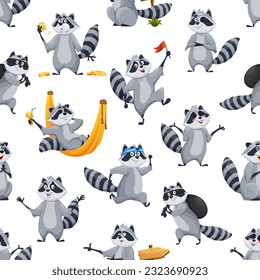 Cartoon raccoon characters seamless pattern background, vector funny animals. Kids pattern with cute raccoon in robber mask, happy smiling or eating cookie, sport running and on holiday hammock