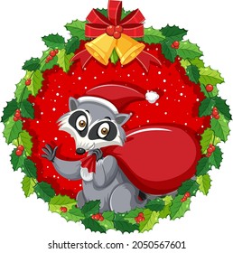 Cartoon raccoon in Christmas wreath isolated illustration