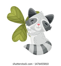 Cartoon raccoon with clover. Vector illustration on white background.