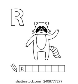 Cartoon raccoon coloring pages. Learning game for small children - write a word in English language. Vector alphabet for kids
