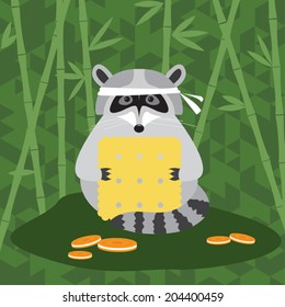 Cartoon raccoon and cookie. Childish raccoon in bamboo card. 