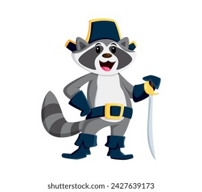 Cartoon raccoon corsair pirate animal character. Isolated vector mischievous coon personage with cocked hat and a cunning grin, stand with a gleaming saber, ready for adventurous woodland escapades