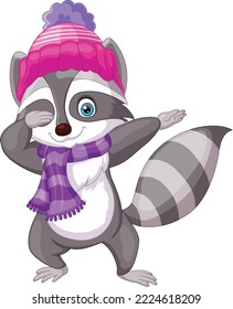 Cartoon raccoon dabbing with hat and scarf