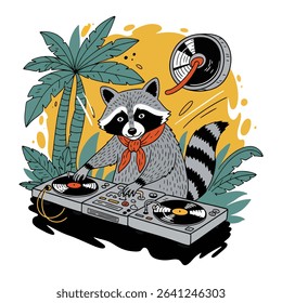Cartoon raccoon DJing at a tropical themed party.