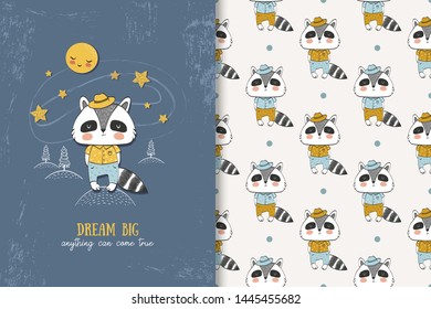 Cartoon raccoon dressed forest animal character in the night among stars and moon. Hand drawn kids card print template and seamless background pattern set. Surface design vector illustration.