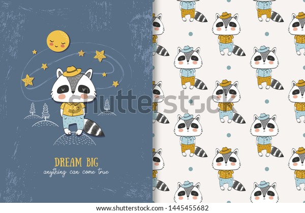 Cartoon raccoon dressed forest animal\
character in the night among stars and moon. Hand drawn kids card\
print template and seamless background pattern set. Surface design\
vector illustration.