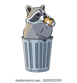 Cartoon raccoon drinking from a can inside a trash can, humorous illustration