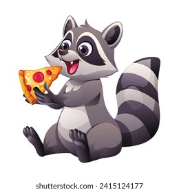 Caricatura de mapache comiendo pizza. Ilustración del vector aislada en fondo blanco