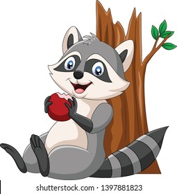 Cartoon raccoon eating a red apple