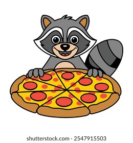 Cartoon Waschbär Genießen Sie eine große Pizza	