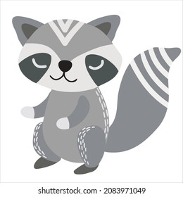 Cartoon raccoon. Forest animal in scandinavian style.  Children vector illustration. Hand drawn print on shirt