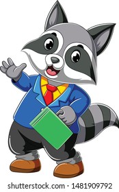 Cartoon raccoon in full suit and holding suit case