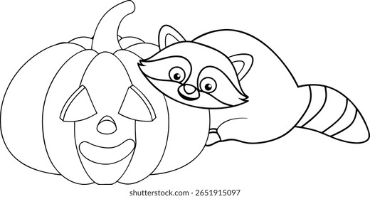 Guaxinim de desenhos animados com um vetor de abóbora de Halloween Jack o lanterna