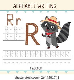 Cartoon Raccoon com chapéu e cachecol aprendendo a letra R