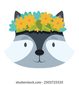 Cartoon raccoon head with a floral crown smiling happily