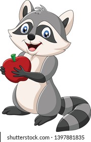 Cartoon raccoon holding a red apple