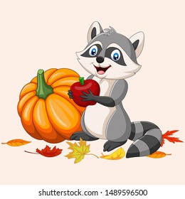 Cartoon raccoon holding red apple and pumpkin