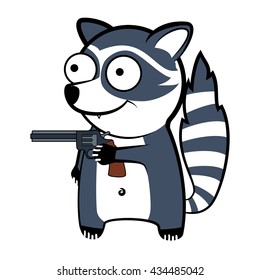 cartoon raccoon holding a revolver in his hand. Comedian beast thief.