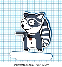 cartoon raccoon holding a revolver in his hand. Comedian beast thief. background is in cell. Hands up!