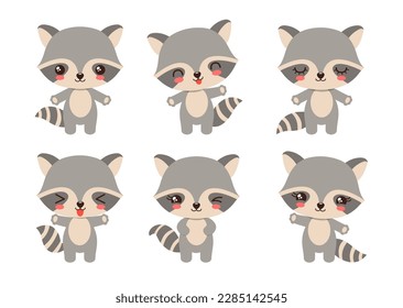 Cartoon raccoon kawaii style emoji. Funny raccoons character set various emotions. Kawaii animal facial expressions - calm, happy, laughing, smiling, waving, winking. Cute raccoon baby chibi vector.