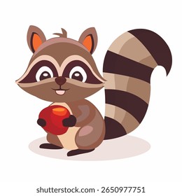 guaxinim de desenho animado. Parece amigável e fofo, com olhos grandes, um rosto bonito e listras escuras largas em sua cauda. Em suas patas há um fruto laranja brilhante