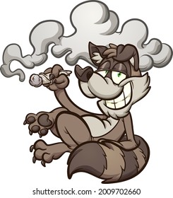 Cartoon raccoon lying down and smoking weed. Vector clip art illustration with simple gradients. All on a single layer. 
