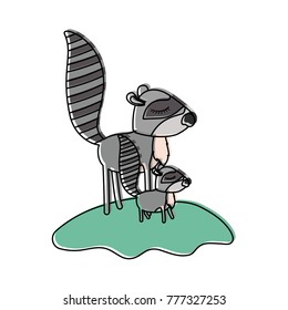 cartoon raccoon mom and cub over grass in watercolor silhouette