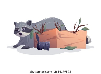 Cartoon Raccoon Aninhamento em caixa de papelão com palitos e lixo. Bela Vida Selvagem Vetorial Vivendo Em Meio A Resíduos Urbanos. Perfeito para conceitos ambientais, educacionais ou de controle de pragas.