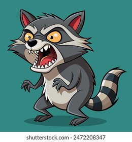 A cartoon raccoon with open mouth and sharp teeth