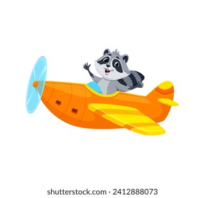 Cartoon raccoon pilot on airplane, funny animal aviator in toy plane, vector character. Happy raccoon flying on propeller airplane for zoo aviation toys and kids t-shirt print or kindergarten mascot