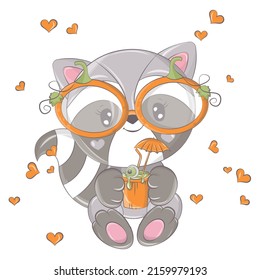 Cartoon raccoon with pumpkin cocktail. Vector illustration of Halloween animal. Cute little illustration Halloween raccoon for kids, fairy tales, covers, baby shower, textile t-shirt, baby book.