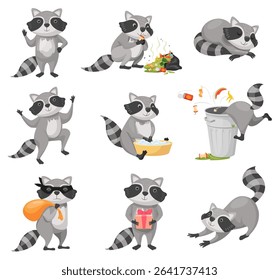 Cartoon raccoon. Racoon cute character funny animal mascot pose, baby racoons happy face racoon burglar zoo wild nature life coon in trash can, animals set neat vector illustration original artwork