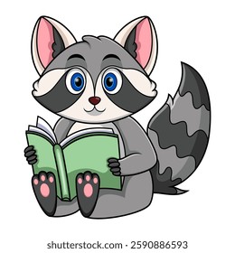Cartoon raccoon reading a book