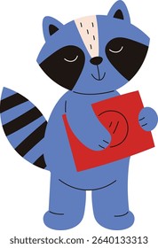 A cartoon raccoon with a red book in hand, drawn in a playful style. The raccoon features bold outlines and simple shapes, adding charm to the scene. Cartoon vector illustration.