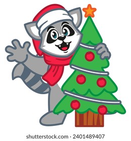 Cartoon raccoon in a red scarf and a santa hat with christmas tree