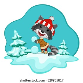 Cartoon raccoon  sculpts snowman. Vector illustration.