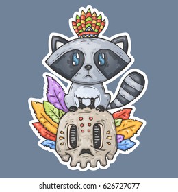 Cartoon raccoon sits on the skull.