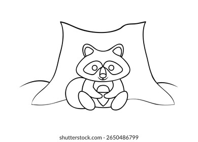 Guaxinim de desenho animado sentado com bolota na frente de um animal contorno de coto de árvore
