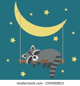 A cartoon raccoon is sleeping on a swing hanging on the moon among the stars in vector illustration